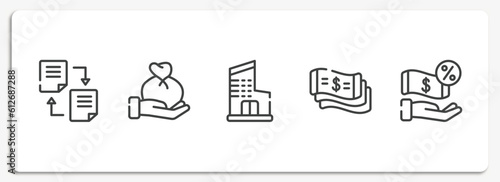 business outline icons set. thin line icons sheet included distributed ledger, wage, department, money flow, commission vector.