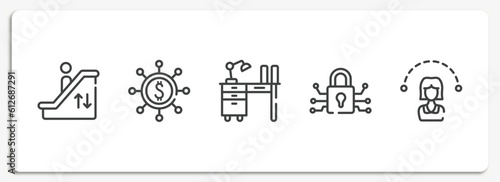 finance outline icons set. thin line icons sheet included pen container, proof of burn, hierarchical structure, personal security, pyramid chart vector.