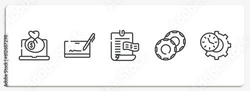 business outline icons set. thin line icons sheet included bank online, cryptographic, bills, casino chip, time management vector.