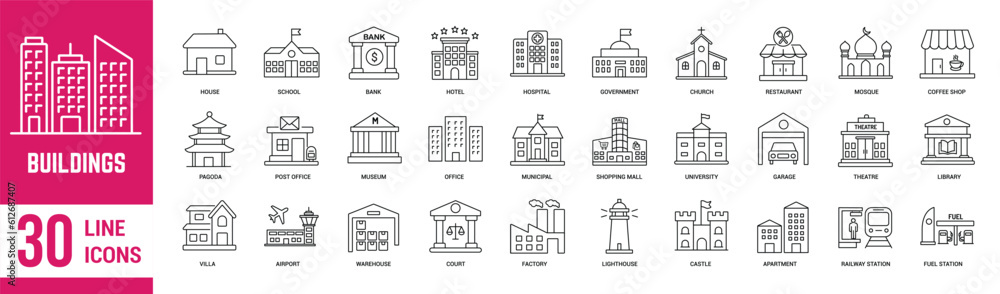 Buildings thin line Icons set. House, hospital, restaurant, city, hotel, apartment, mall, coffee shop and airport. Vector illustration