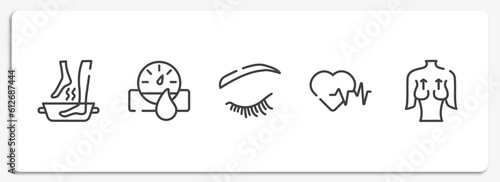 plastic surgery outline icons set. thin line icons sheet included soak, hydrometer, eyelash, hearts, mastopexy vector.