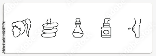 spa outline icons set. thin line icons sheet included female head, hot stone, essence, foundation, liposuction vector.