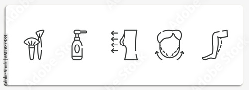 plastic surgery outline icons set. thin line icons sheet included brushes, cleansing, breast enlargement, null, calf vector.