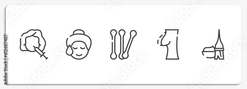 hairdressing and esthetics outline icons set. thin line icons sheet included mesotherapy, glowing skin, cotton buds, nipple, dye vector.