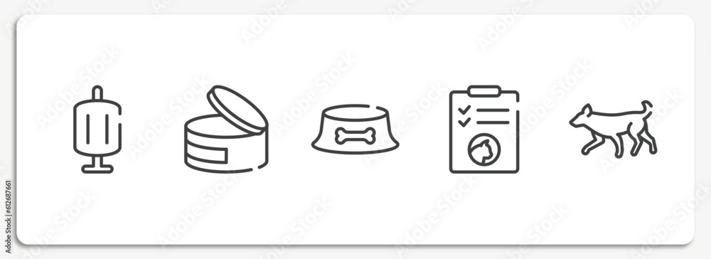 dog and training outline icons set. thin line icons sheet included sponge filter, canned food, dog dish, cat health list, dog running vector.