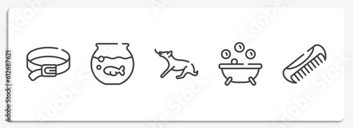 pet shop outline icons set. thin line icons sheet included dog leads, fish bowl, dog playing, pets bath, pet comb vector.