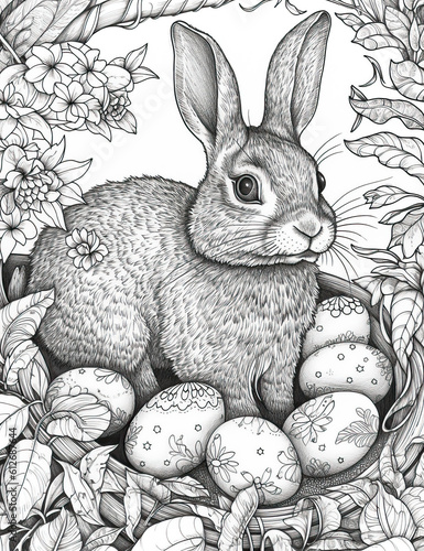 Adult pencil drawing coloring book pages Easter eggs ,Easter Bunny, black and white drawing lines