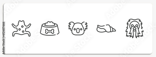 woof woof outline icons set. thin line icons sheet included tropical frop, dog food bowl, koala head, seashell conch, long haired dog head vector.