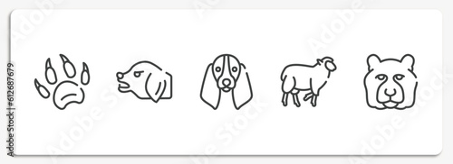 fauna outline icons set. thin line icons sheet included animal paw print, angry dog, bas hound dog head, black sheep, tiger head vector.