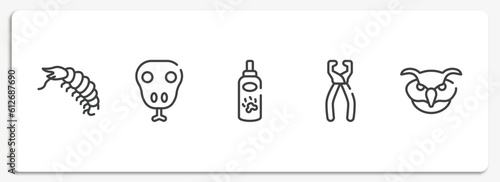 fauna outline icons set. thin line icons sheet included big shrimp, snake head, pet lotion, nail trimmer, owl head vector.