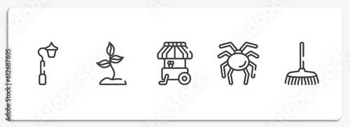 spring outline icons set. thin line icons sheet included streetlight, soil, ice cream cart, null, rake vector.