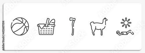 diving outline icons set. thin line icons sheet included basketball ball, picnic, axe, llama, sunbathing vector.