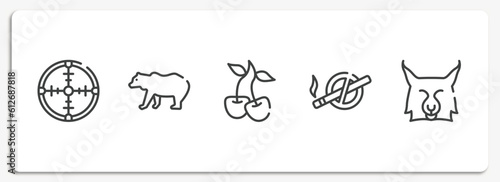animals outline icons set. thin line icons sheet included crosshair, grizzly bear, cherry, no smoking, lynx vector.