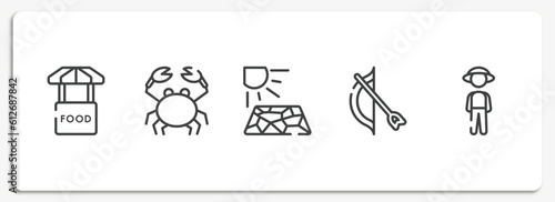 in the zoo outline icons set. thin line icons sheet included food stand, crab, crack, bow and arrow, guard vector.