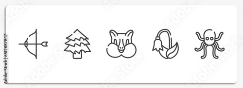 nature outline icons set. thin line icons sheet included archery, spruce, chipmunk, harebell, octopus vector.