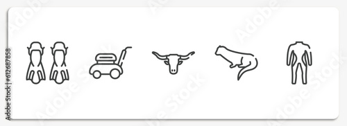 diving outline icons set. thin line icons sheet included flippers, lawn mower, bull, otter, diving suit vector.