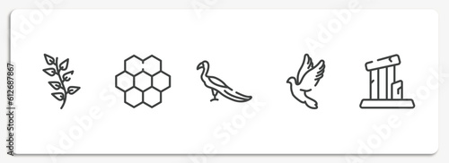 desert outline icons set. thin line icons sheet included herb, moss, peacock, dove, relics vector.