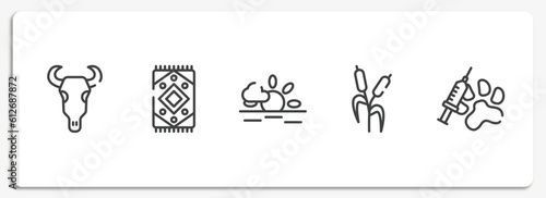 wildlife outline icons set. thin line icons sheet included bull skull, rug, sun, bulrush, vaccine vector.