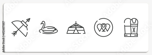 desert outline icons set. thin line icons sheet included bow and arrow, swan, jaima tent, branches, sarcophagus vector.