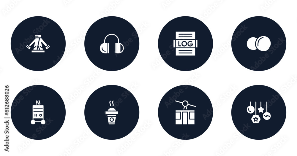 winter filled icons set. flat filled icons sheet included fur coat, earmuffs, logs, snow ball, electric heater, hot drink, ski lift, bauble vector. winter filled icons set. flat filled icons sheet included fur coat, earmuffs, logs, snow ball, electric heater, hot drink, ski lift, bauble vector.