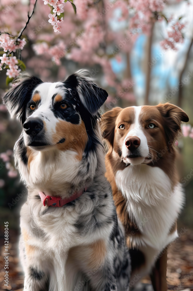 Two puppies in the spring forest, spring scenery, cherry blossom trees, puppy photography, puppy portrait