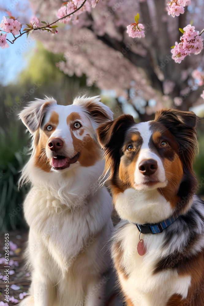Two puppies in the spring forest, spring scenery, cherry blossom trees, puppy photography, puppy portrait Two puppies in the spring forest, spring scenery, cherry blossom trees, puppy photography, puppy portrait