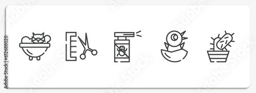 nature outline icons set. thin line icons sheet included cat bath, groomer, anti flea, chick, cactus vector.