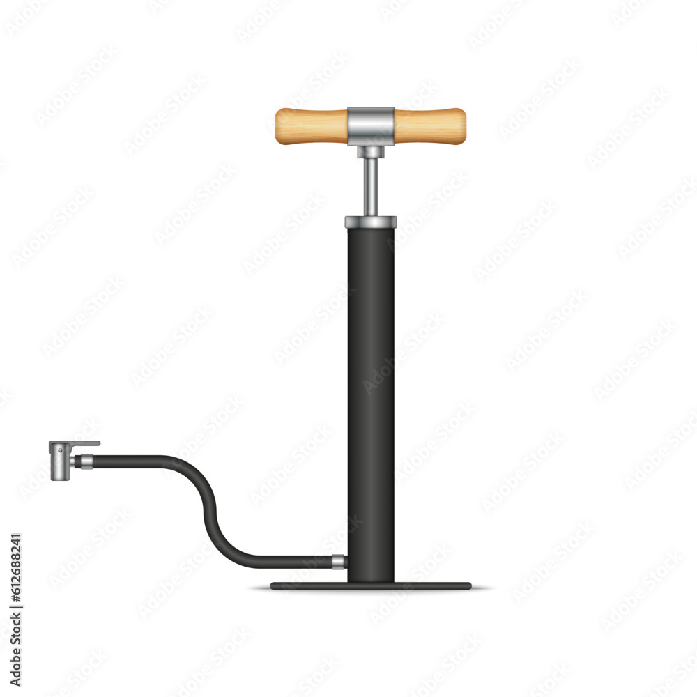 Bicycle floor stand pump with wooden handles and hose isolated on white background, track pump realistic 3d vector object.