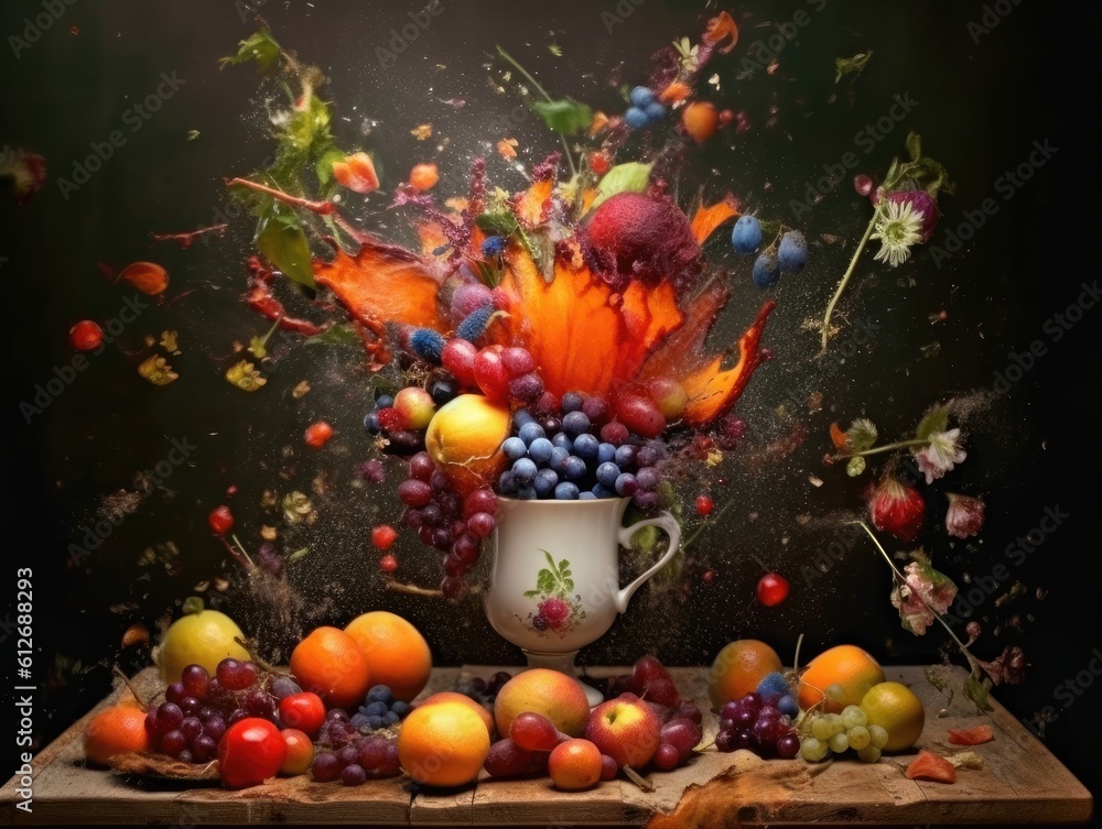 An explosion of fruits around in the air, fruit splash onto a glass. Generative AI