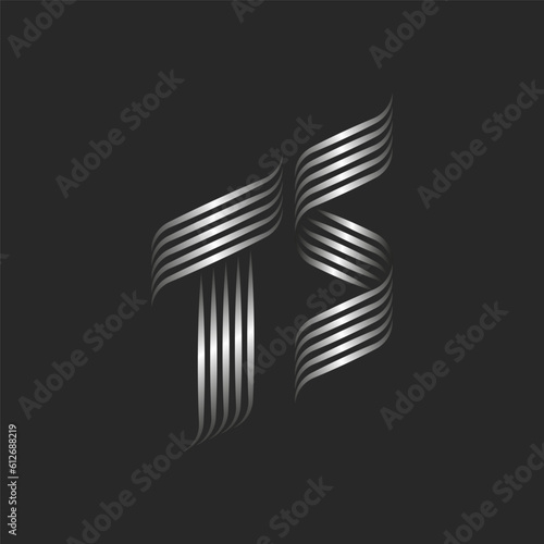 Initials TS or ST metal letters logo monogram, combination two letters T and S for business or wedding card logotype, overlapping smooth thin lines, metallic gradient 3d effect, silver stripes shape.