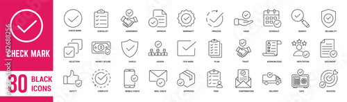 Check Marks thin line icons set. Check, agree, approved, confirm, checklist, warranty, accept, selected, complete and verified. Vector illustration.