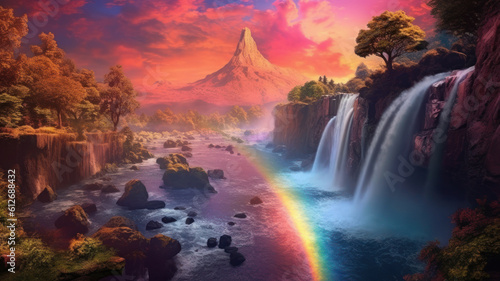 fabulous landscape in rainbow colors. Generative AI