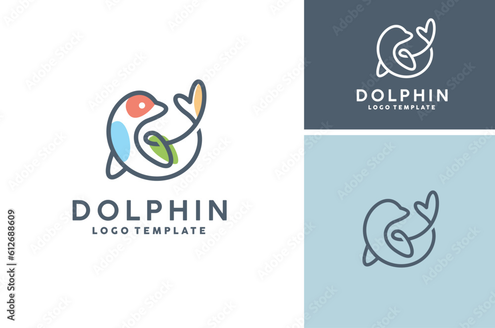 Beauty Colorful Bottlenose Dolphin Orca Whale Fish Ocean Creatures Sea Life Logo design with simple Mono Line Art style