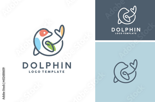 Beauty Colorful Bottlenose Dolphin or Seal Orca Whale Fish Ocean Creatures Sea Life Logo design with simple Mono Line Art style