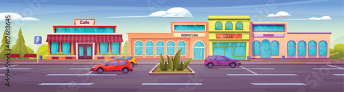 Parking lot with cars near shopping mall in city. Vector cartoon illustration of autos in front of modern cafe, beautique and toy shop buildings, benches under green trees and bushes, blue summer sky