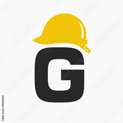 Letter G Helmet Construction Logo Concept With Safety Helmet Icon. Engineering Architect Logotype