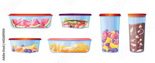 Cartoon set of plastic food containers isolated on white. Vector illustration of hermetic lunch boxes, kitchenware for preservation of takeout meal, fresh fruit, vegetable salad, spaghetti, soup