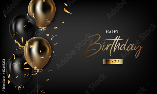 Photography Party background with an illustration of a realistic balloon and gold happy birthday writing