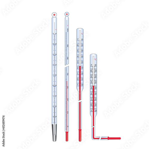 2D illustration of thermometers for the chemical laboratory: a conventional mercury thermometer, a gas-filled rod thermometer, a technical straight thermometer, a technical angle thermometer