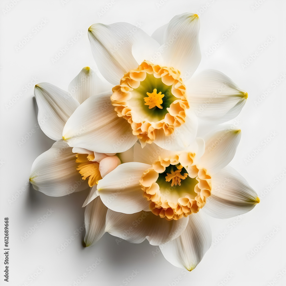 Bouquet of daffodil narcissus flower plant with leaves isolated on white background. Flat lay, top view. macro closeup	
