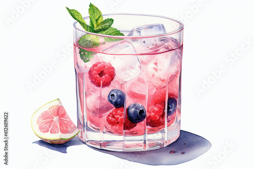 Watercolor tini cocktail with illustration. It can be used for menu, card, postcard, banner, poster.  Generative AI