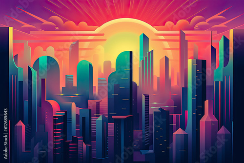 Futuristic vision of a city with vibrant colors. Abstract flat illustration  scifi future concept art. Generative AI