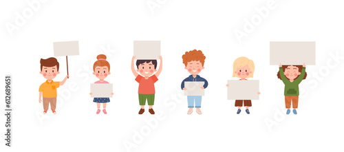 Set of little kids holding blank papers and signs, cartoon flat vector illustration isolated on white background.