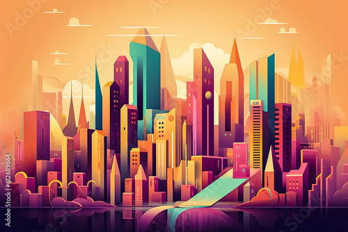 Futuristic vision of a city with vibrant colors. Abstract flat illustration  scifi future concept art. Generative AI