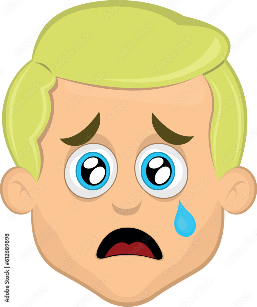 Fototapeta premium vector illustration face man cartoon blonde blue eyes, sad expression, watery eyes and a tear falling from one eye
