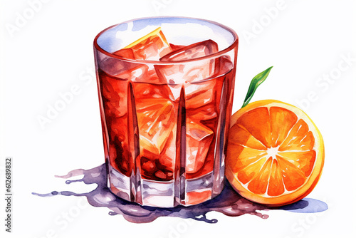 Watercolor illustration of Negroni Sbagliato coctail in the glass with a half of orange nearly. Generative AI photo