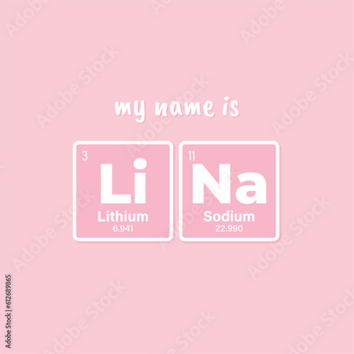 Vector inscription name LINA composed of individual elements of the periodic table. Text: My name is. Purple background