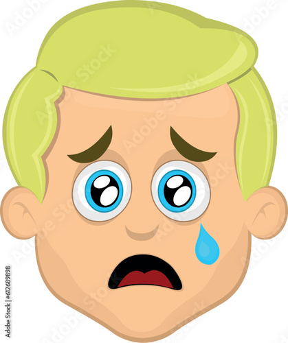 vector illustration face man cartoon blonde blue eyes, sad expression, watery eyes and a tear falling from one eye