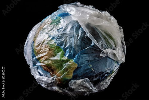 Fototapeta Naklejka Na Ścianę i Meble -  Planet earth wrapped in plastic - Generative AI