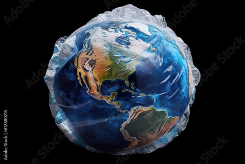 Fototapeta Naklejka Na Ścianę i Meble -  Planet earth wrapped in plastic - Generative AI